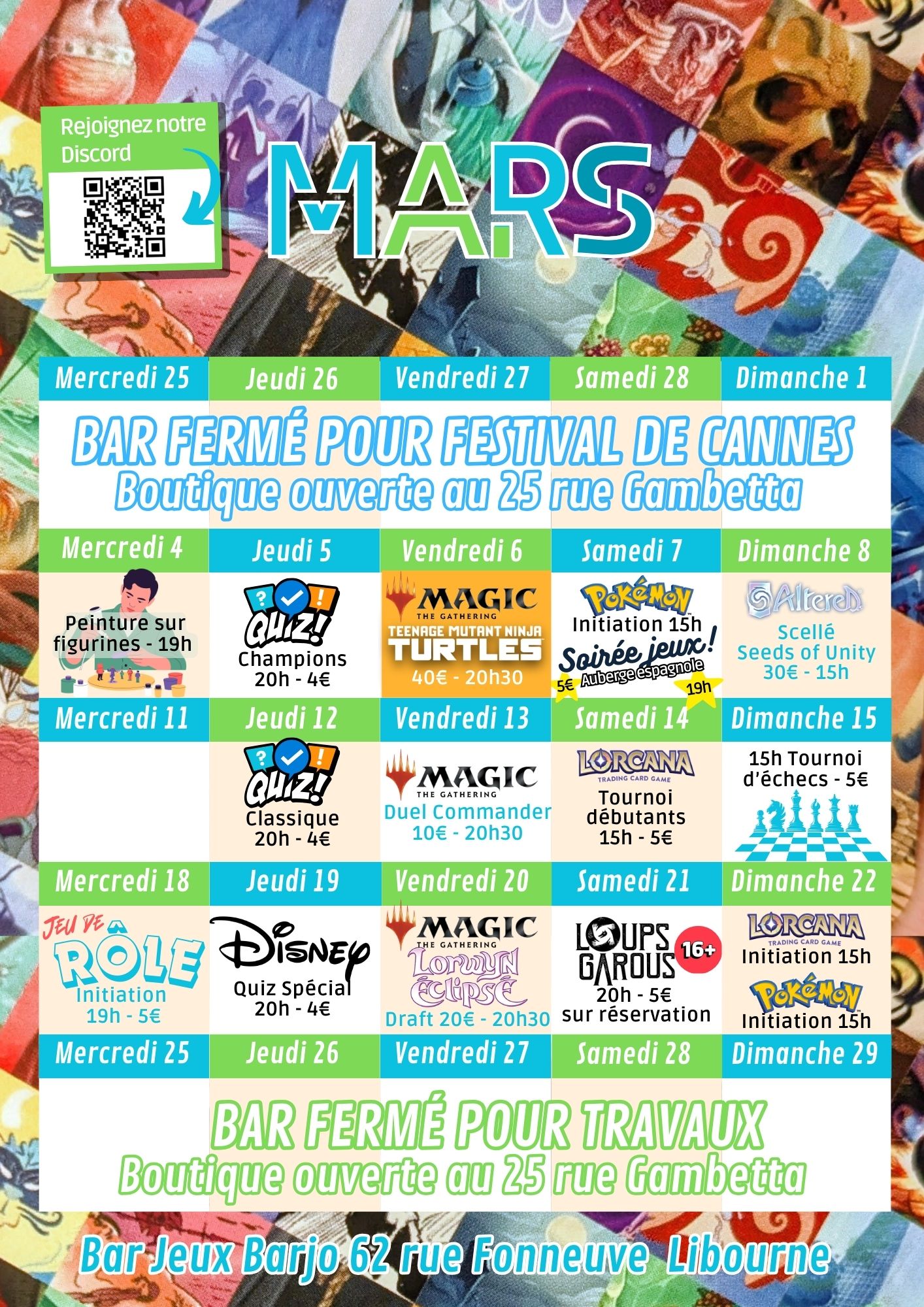 Calendrier des événements mars 2026